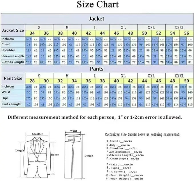 Size chart for men slim fit three piece suit jackets and pants with measurements in inches and centimeters.