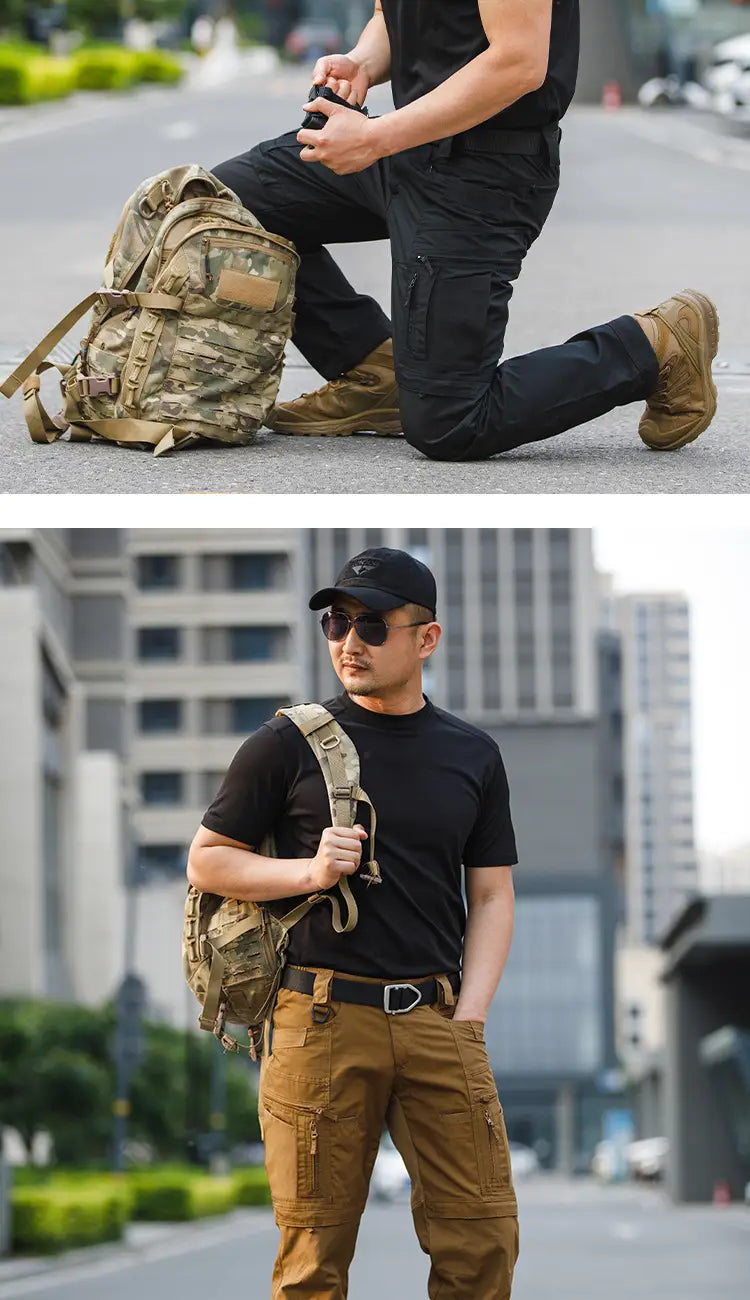 camouflage tactical backpack with multiple compartments and adjustable straps featured with mens waterproof tactical hiking cargo pants for outdoor use