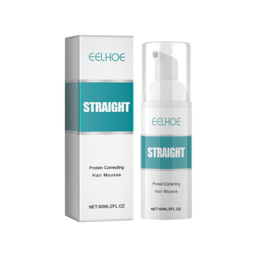 Une mousse blanche et turquoise eelhoe pour protéines droites, coiffante et correctrice des cheveux, en flacon-pompe transparent, avec une boîte assortie pour la crème coiffante pour cheveux lissés correctrice de protéines 60 ml.