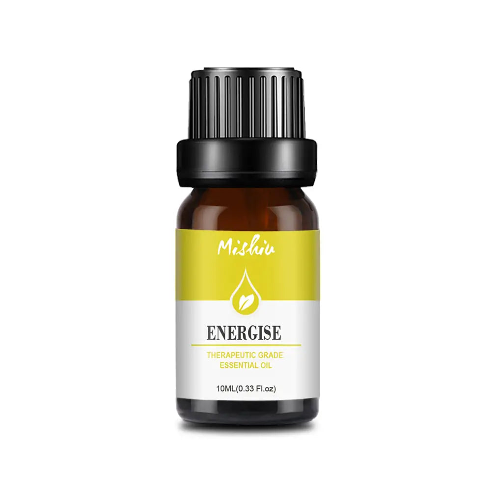 A small amber glass bottle of mishiu energize pure aromatherapy essential oil with a black ribbed cap and yellow and white label indicating therapeutic grade 10ml.
