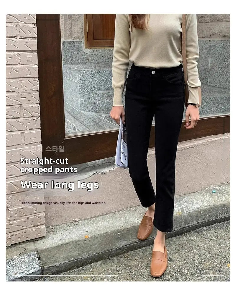 Schwarze Samtgefütterte High-Waist-Jeans-Leggings in schwarzer gerader, cropped Ausführung mit figurstraffender Passform