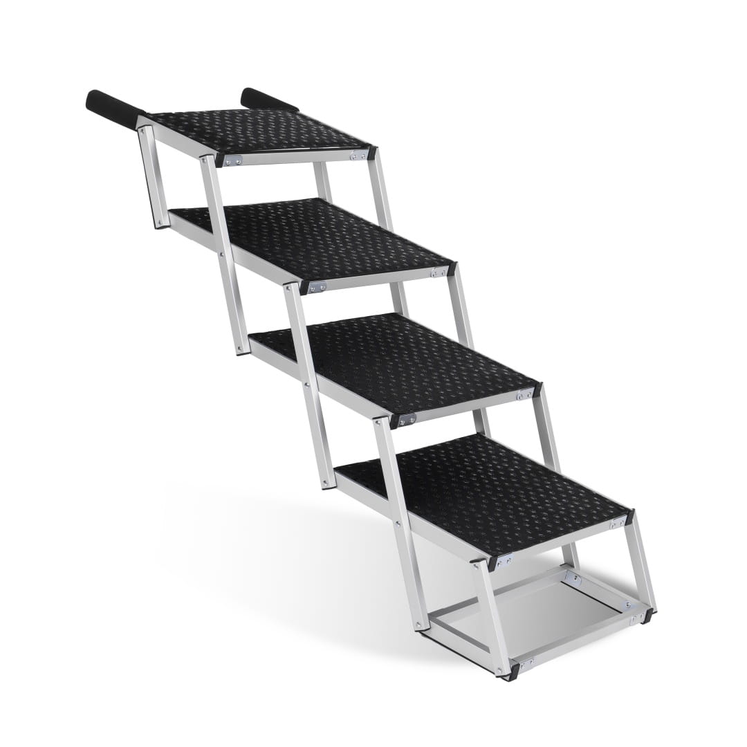 silver aluminum foldable dog ramp with black diamond-patterned steps and padded handles designed for cars and suvs with 250lb capacity