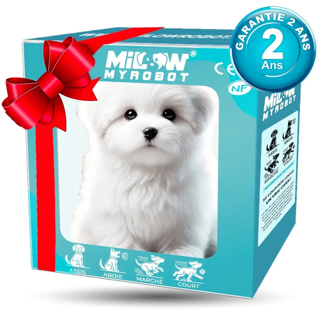 White plush interactive robot puppy in a teal box with a red ribbon branded as milo myrobot featuring sound and music.