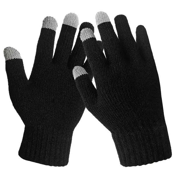 Black knitted touchscreen gloves with gray fingertips designed for warm texting in winter.