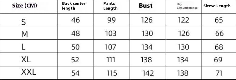 The table displays size measurements including back center length pants length bust hip circumference and sleeve length for the unisex waterproof snowsuit anorak in sizes S through XXL.