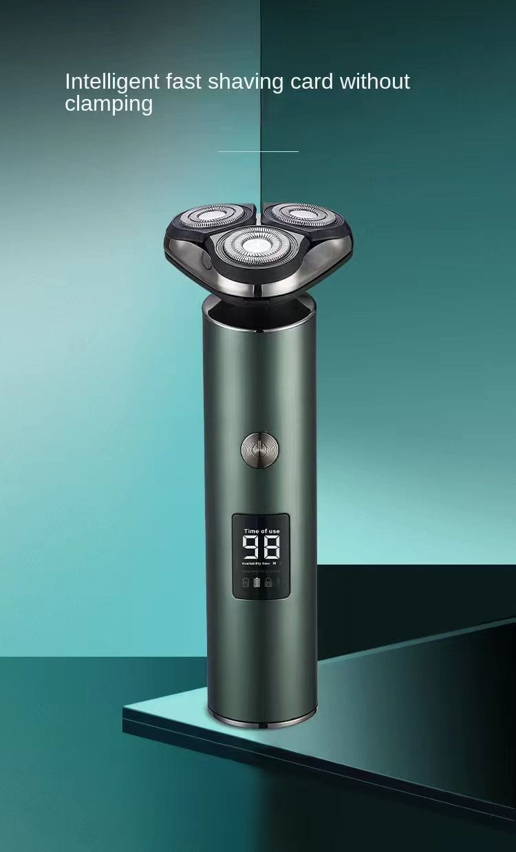 Rasoir électrique pour homme cylindrique vert foncé, doté de trois têtes de coupe circulaires et d’un écran numérique indiquant 98, conçu pour une utilisation portable