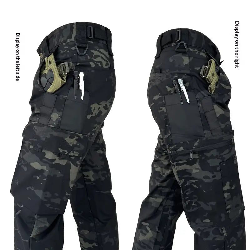 Black and olive green camouflage tactical cargo pants for men featuring multiple utility pockets designed for summer use.