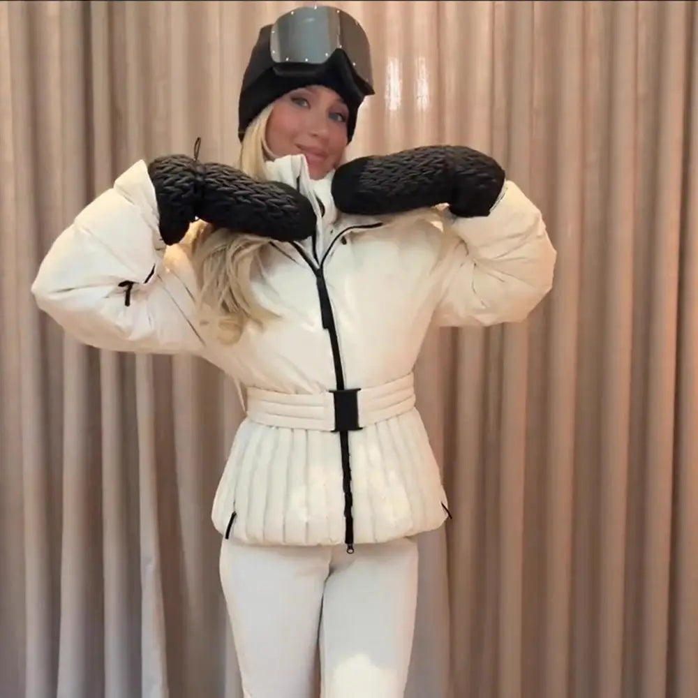 white belted hooded puffer coat featuring a black zipper and belt detail designed for women