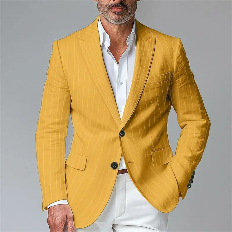Ein leuchtend gelber Herren-Pinstripe-Slim-Fit-Blazer-Jacket mit schwarzen Knöpfen und einer maßgeschneiderten Passform.