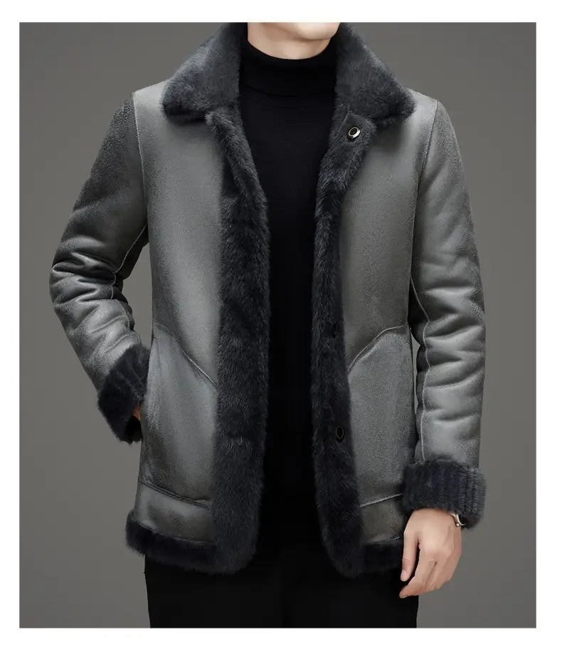 Gray shearling faux fur winter coat for men featuring a plush dark fur collar and cuffs.