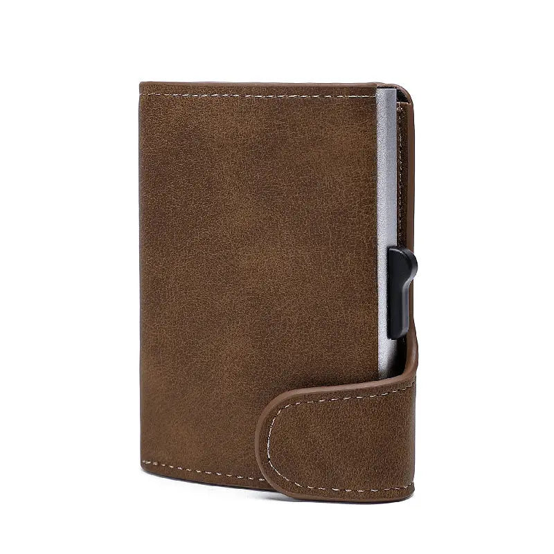 Brown suede crazy horse leather metal card case wallet with a metallic silver card slot and black plastic clasp.