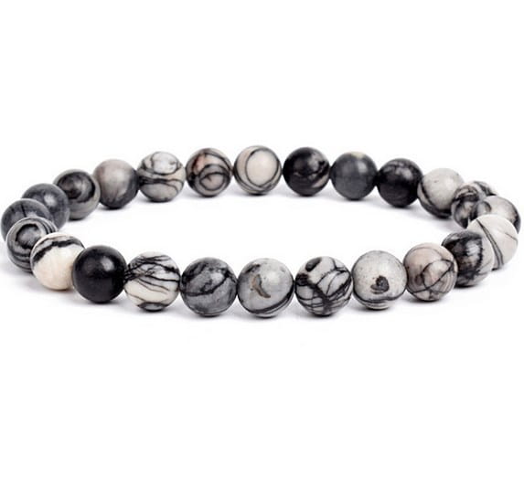 Unisex 8mm polished agate and amethyst stretch bracelet featuring black and white marbled stone beads.