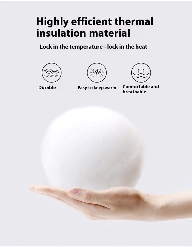 A hand holding white plush spherical thermal insulation material used in a men’s warm padded down jacket gray.