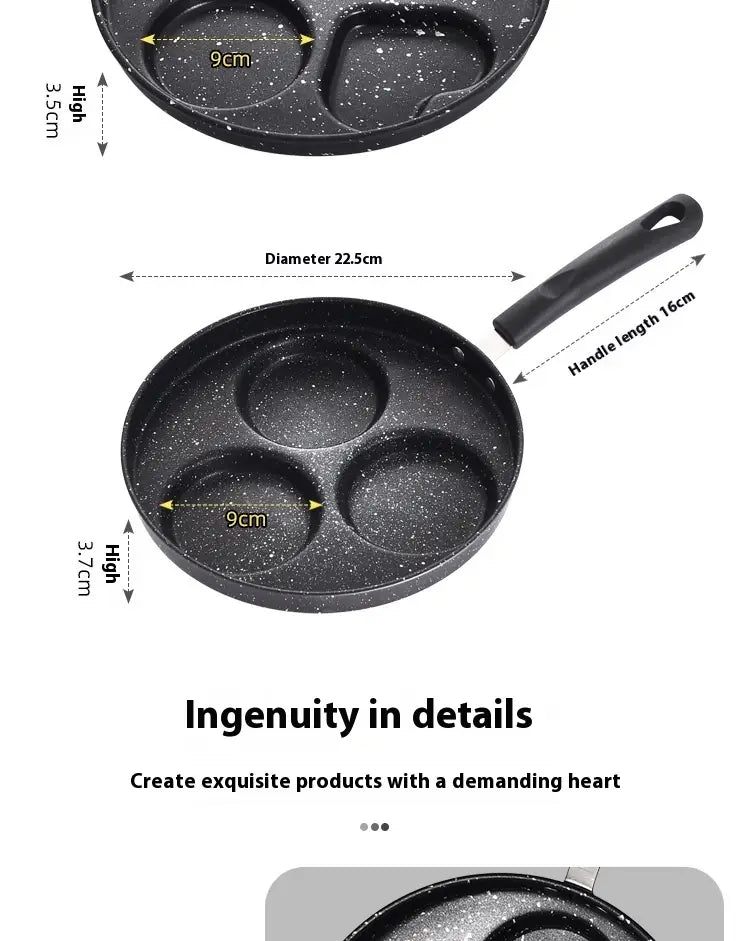 Black speckled non-stick heart pancake pan 25cm made of medical stone with three circular cooking compartments and a 16cm handle.