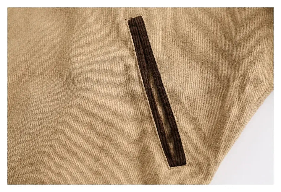 Tan canvas retro washed Detroit jacket for men featuring a dark brown corduroy zipper pull.