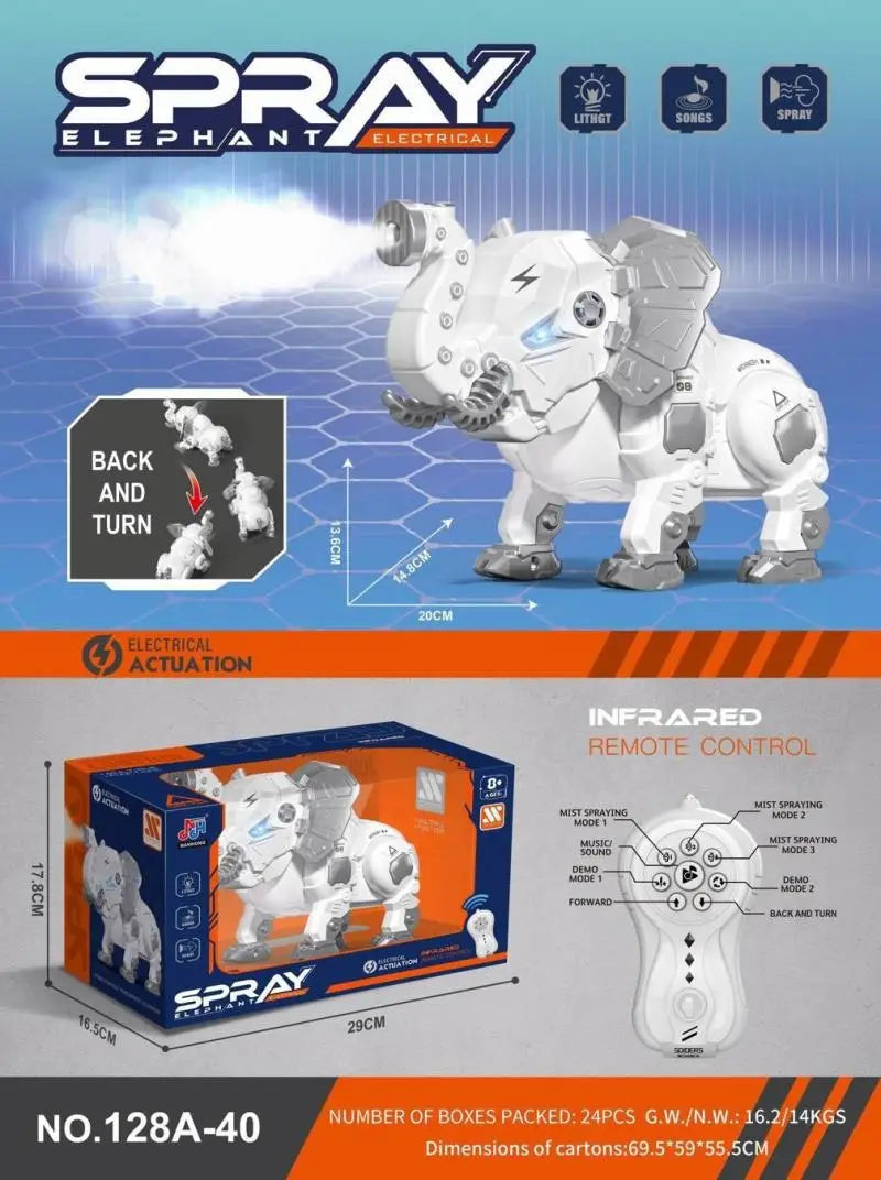 white and gray robotic elephant toy with led lights sound effects and spray function featured in remote control spray dragonfly centipede toy product