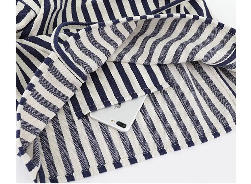 Striped canvas tote bag high capacity shoulder bag in navy and white striped herringbone weave fabric with neatly stitched edges