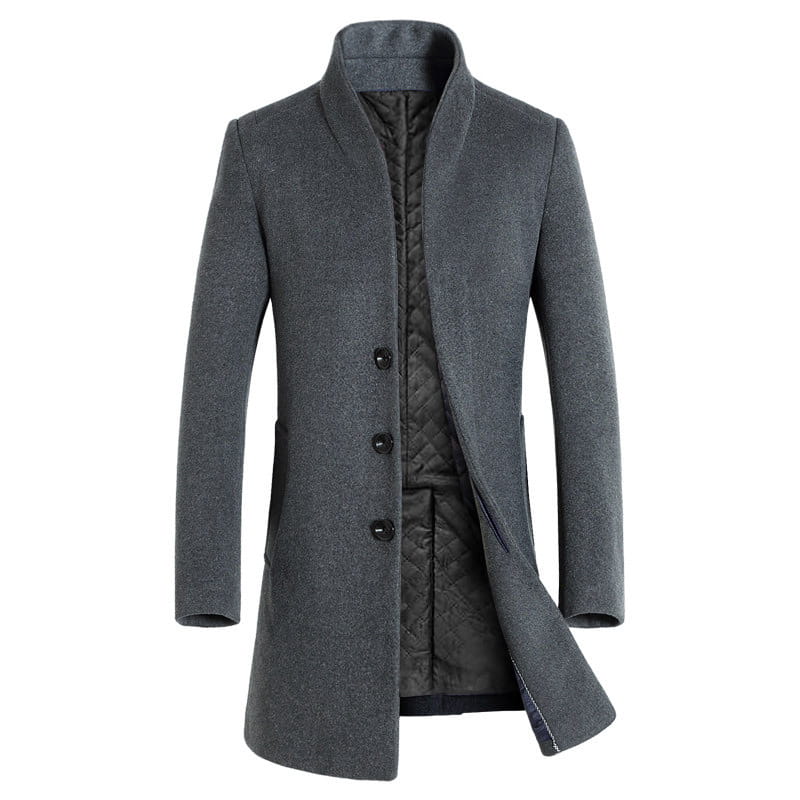 Men slim woolen trench coat in dark gray featuring a notched collar three black buttons and quilted inner lining.