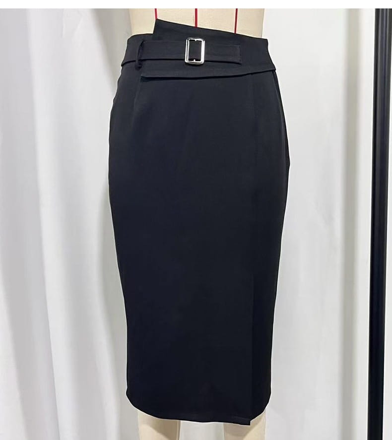 Black high waisted pencil skirt with a matching belt and silver buckle in a sleek fabric.
