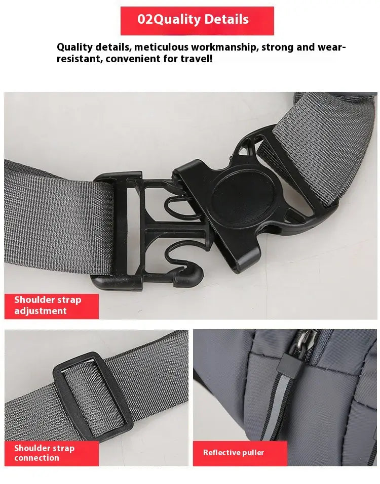 Gray nylon shoulder strap with black plastic buckle and reflective puller on the men’s waterproof nylon multifunctional crossbody waist bag.