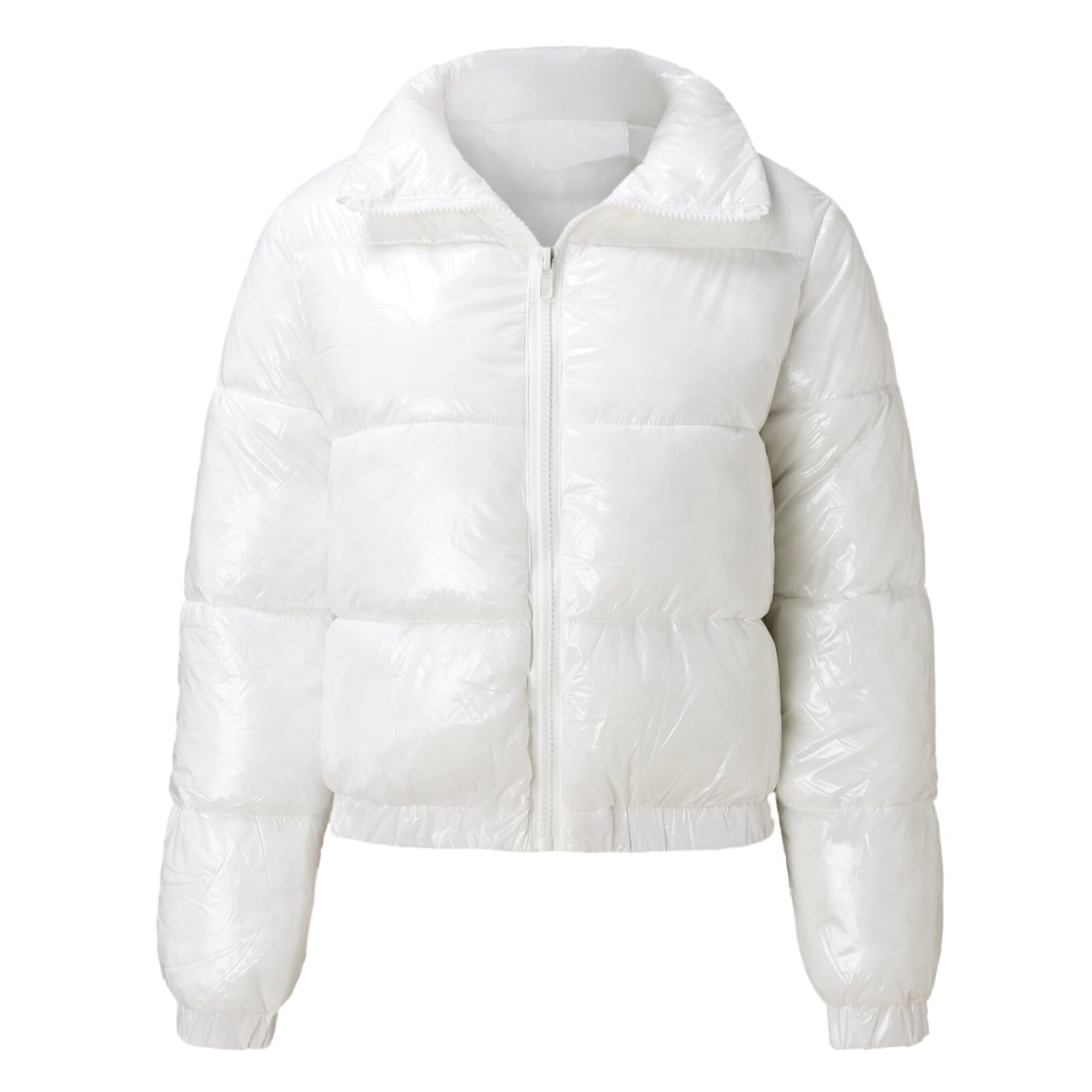 White glossy puffer jacket with a shiny finish and quilted design short cotton padded for women’s warmth.