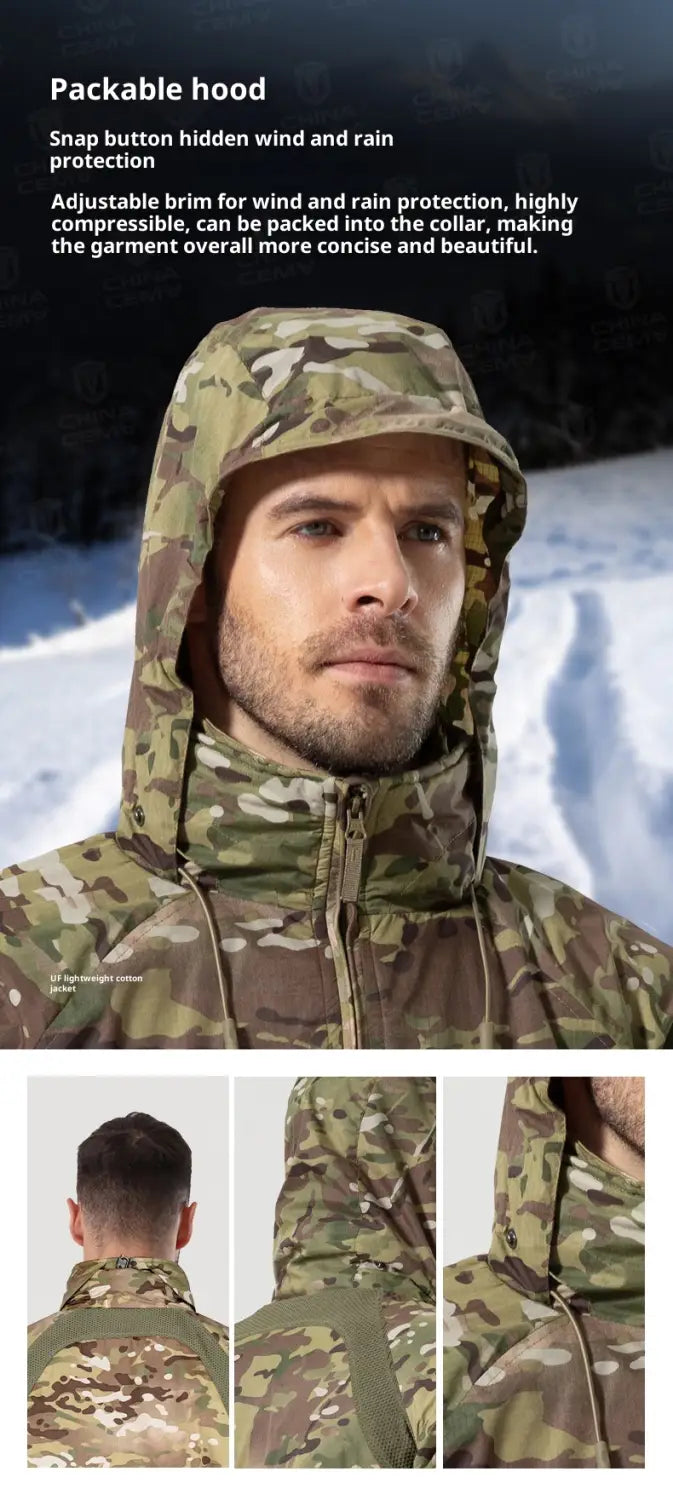 Veste tactique légère en coton softshell en motif camouflage, avec capuche et parement de visière réglable à boutons-pression pour la protection contre le vent et la pluie.