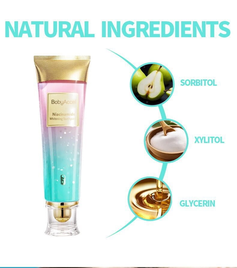 A pink and teal gradient tube with gold accents of babyacne niacinamide whitening serum shown as part of niacinamide whitening toothpaste for men and women 100g.