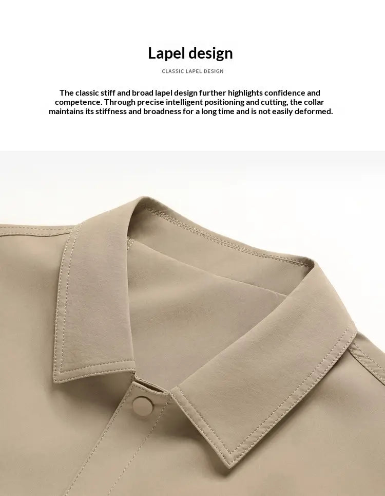 beige trench coat collar with structured stiff design and precise stitching on men lapel utility jacket checkered lining