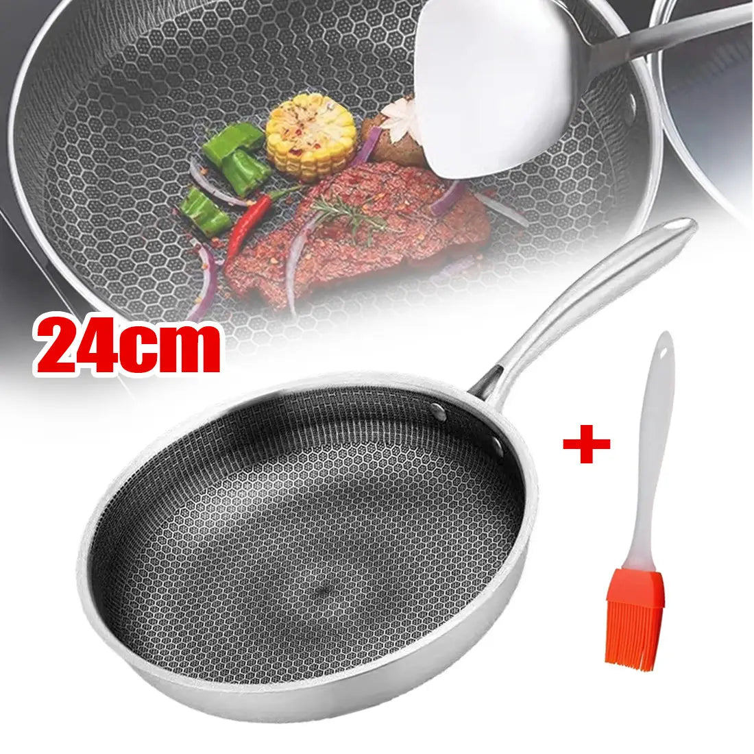 24cm stainless steel honeycomb non-stick frying pan with silver handle and orange silicone basting brush accompanying the 30cm stainless steel hex non-stick induction frying pan product.