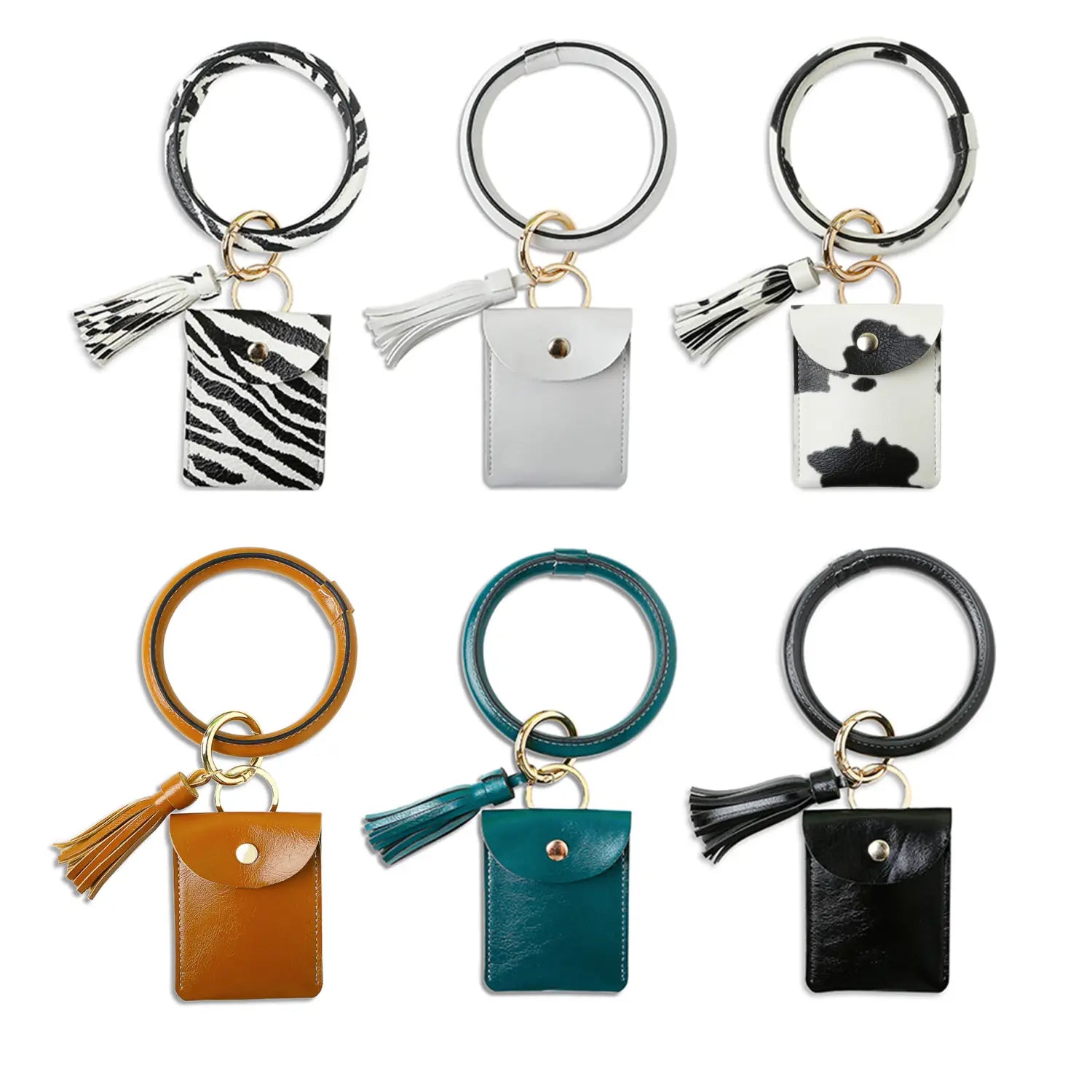 Porte-cartes avec mousqueton de poignet en cuir, avec gland, en imprimé zèbre noir et blanc, comprenant un gland assorti et une petite pochette rectangulaire.