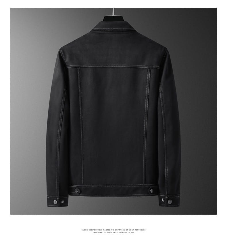 Manteau en suède décontracté ajusté pour homme en cuir noir, avec des surpiqûres contrastantes et des poignets boutonnés.
