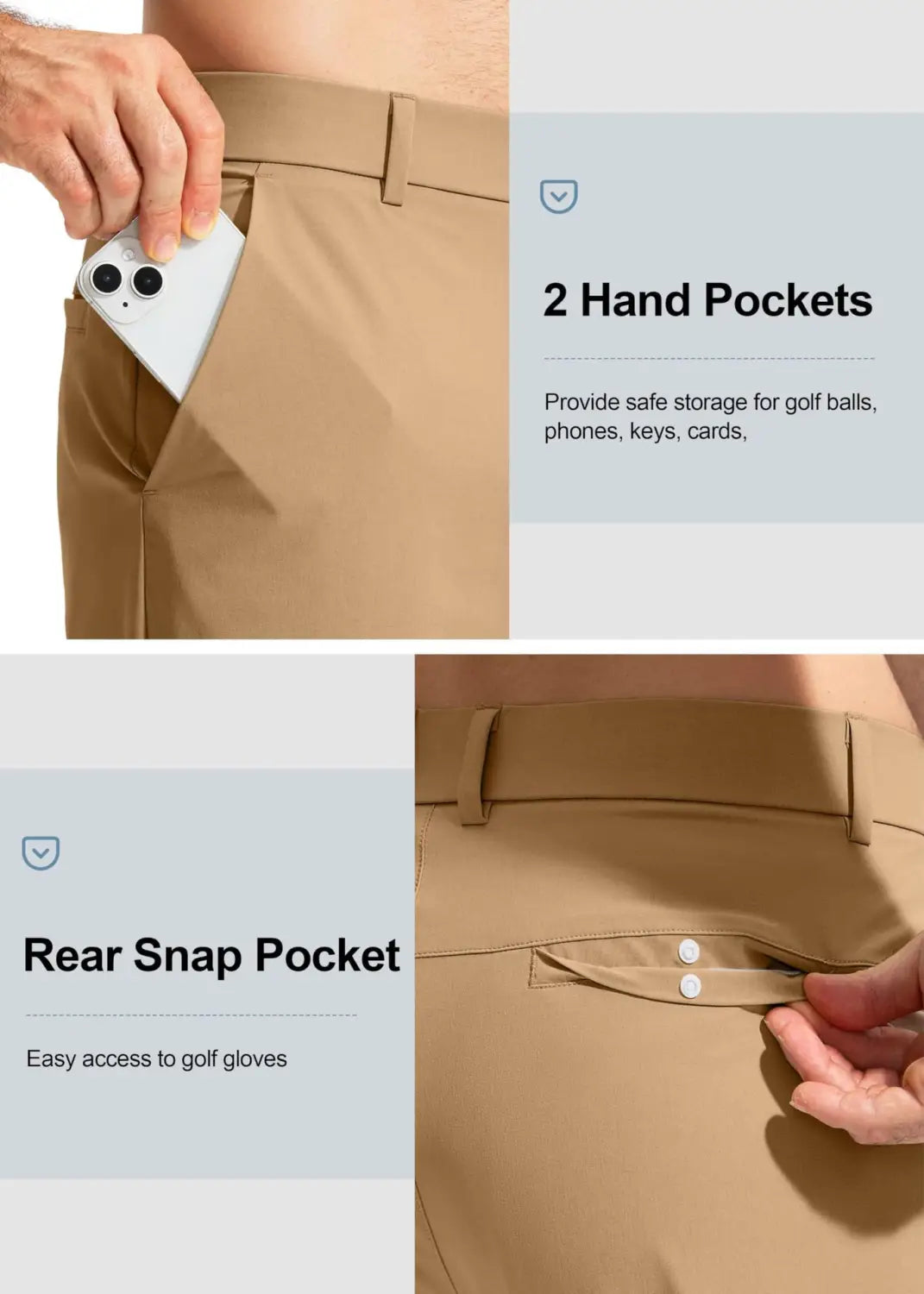 beige quick drying casual stretch golf pants shown from the back with two hand pockets and a rear snap pocket for easy access to essentials