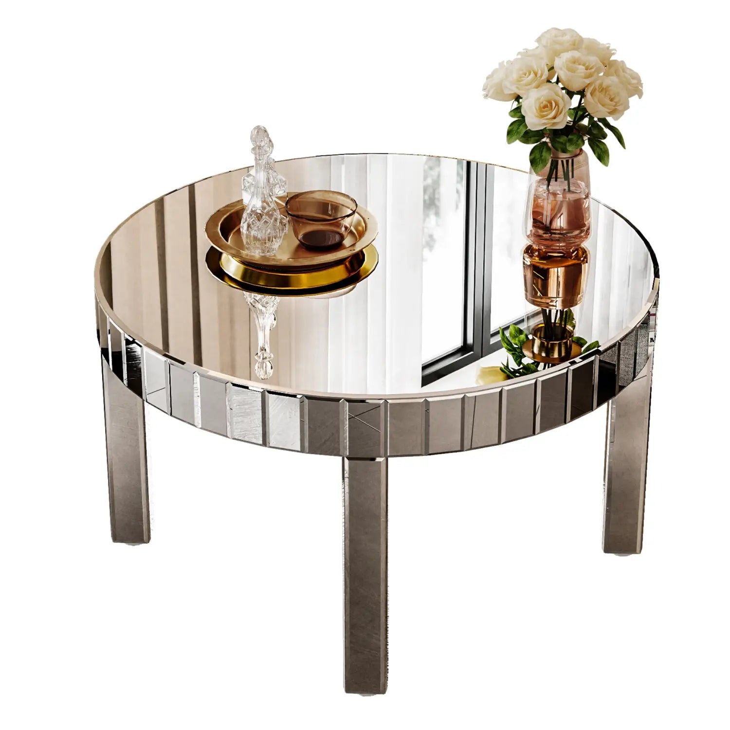 Runder Beistelltisch aus Spiegelglas mit 80 cm Durchmesser, silberfarben mit geripptem Glas, mit kreisförmiger verspiegelter Oberfläche und schlanken Metallfüßen, zur Präsentation dekorativer Gegenstände