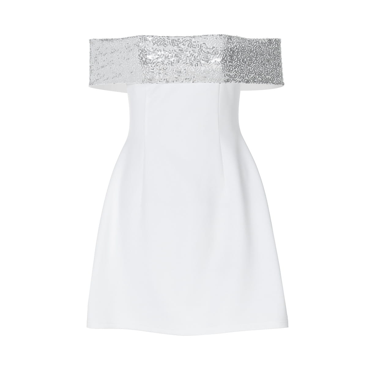 White off-the-shoulder bodycon mini dress featuring a sparkling silver sequined band across the upper chest.