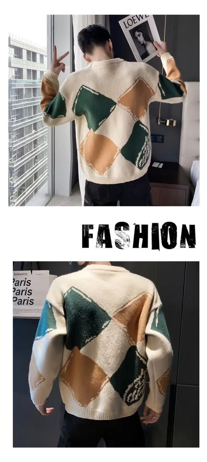 Cream-colored knit sweater for men featuring bold geometric diamond patterns in green tan and teal.
