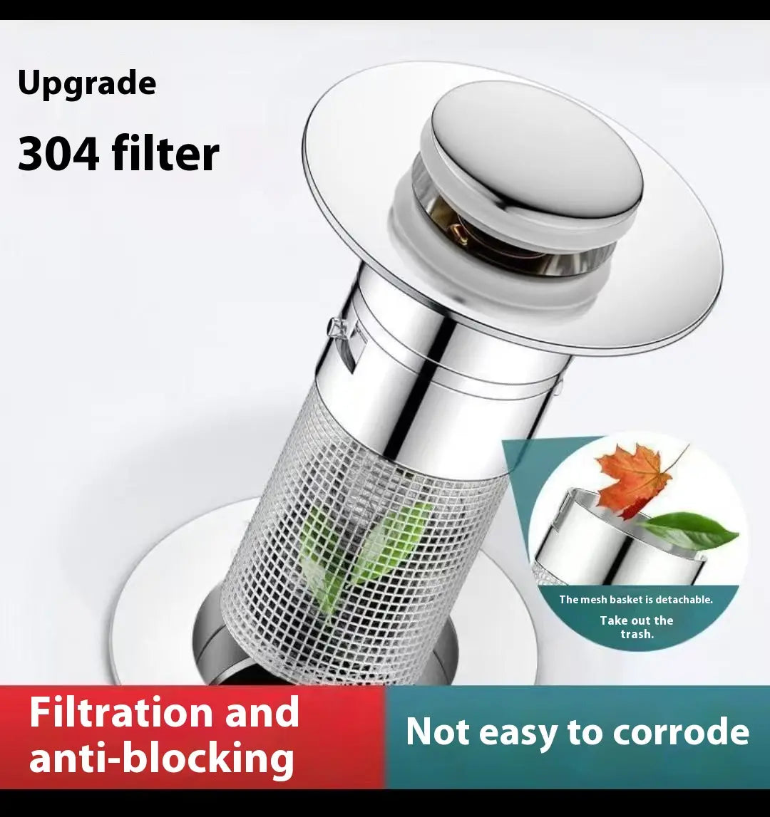 chrome-finished 304 stainless steel universal wash basin drain filter with a detachable mesh basket designed for kitchen sink strainers