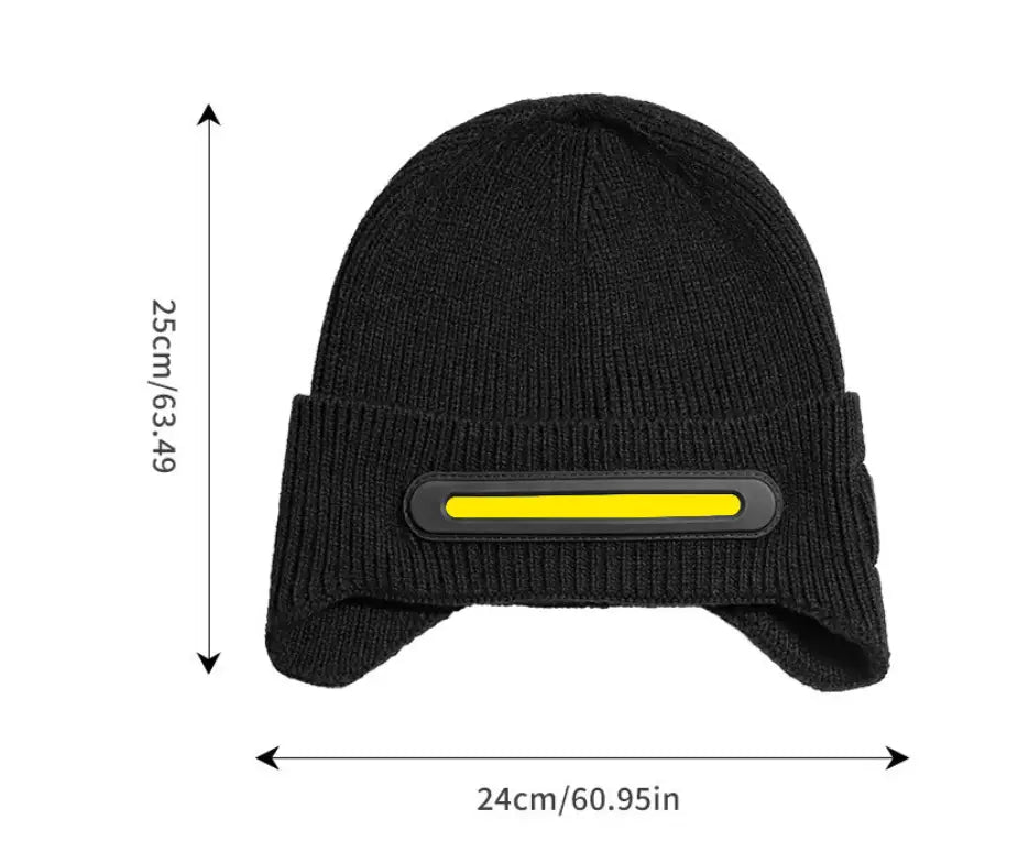 Black knitted beanie hat with a yellow LED light strip embedded in the folded brim designed for running with Bluetooth capability.