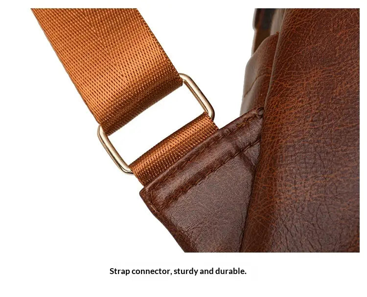 brown leather strap with metallic buckle attached to a matching brown faux leather body of a women’s large capacity commuter backpack