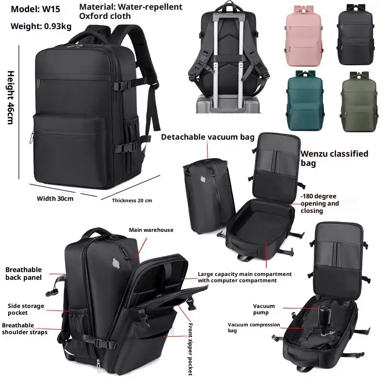 Mochila negra para laptop con compresión al vacío, modelo w15, fabricada en tela oxford repelente al agua, con bolsa de vacío desmontable y compartimento principal tipo almacén.