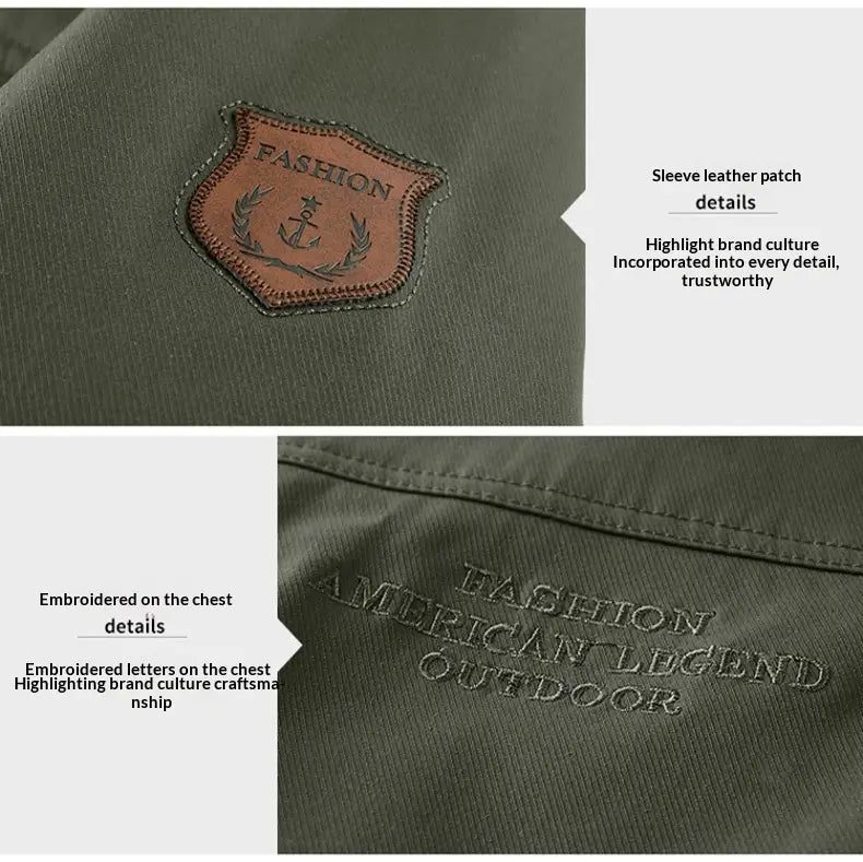 Veste boutonnée en matelassé à empiècements pour homme en velours côtelé vert olive doublée en polaire de laine d’agneau, comportant un patch en cuir marron avec broderie « fashion » et motif ancre, ainsi qu’une broderie sur la poitrine indiquant « fashion american legend outdoor ».