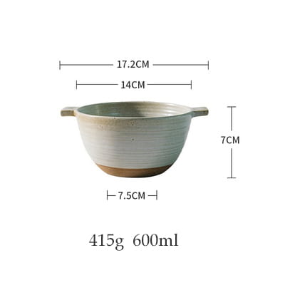 A Japanese stoneware 6 inch binaural ceramic soup bowl with a matte earthy beige glaze and subtle horizontal ridges featuring two small handles on either side.