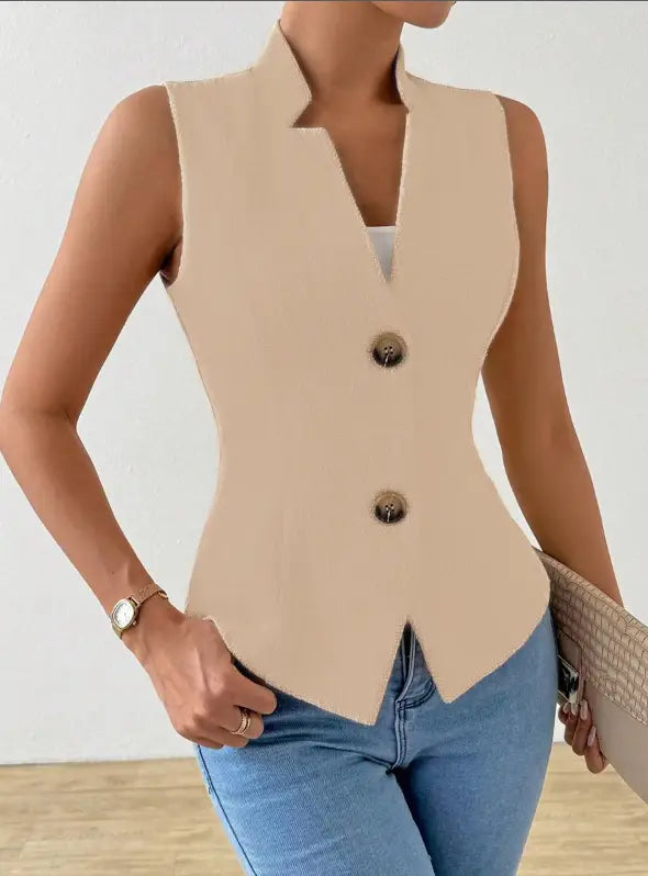 Beige Jacquard-Anzugsweste, ärmelloser Blazer, mit Reverskragen und zwei dunklen Knöpfen.
