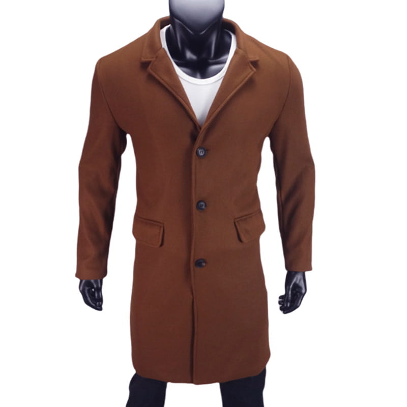 brown woolen overcoat with black buttons and flap pockets designed as a classic single breasted men woolen overcoat for winter use