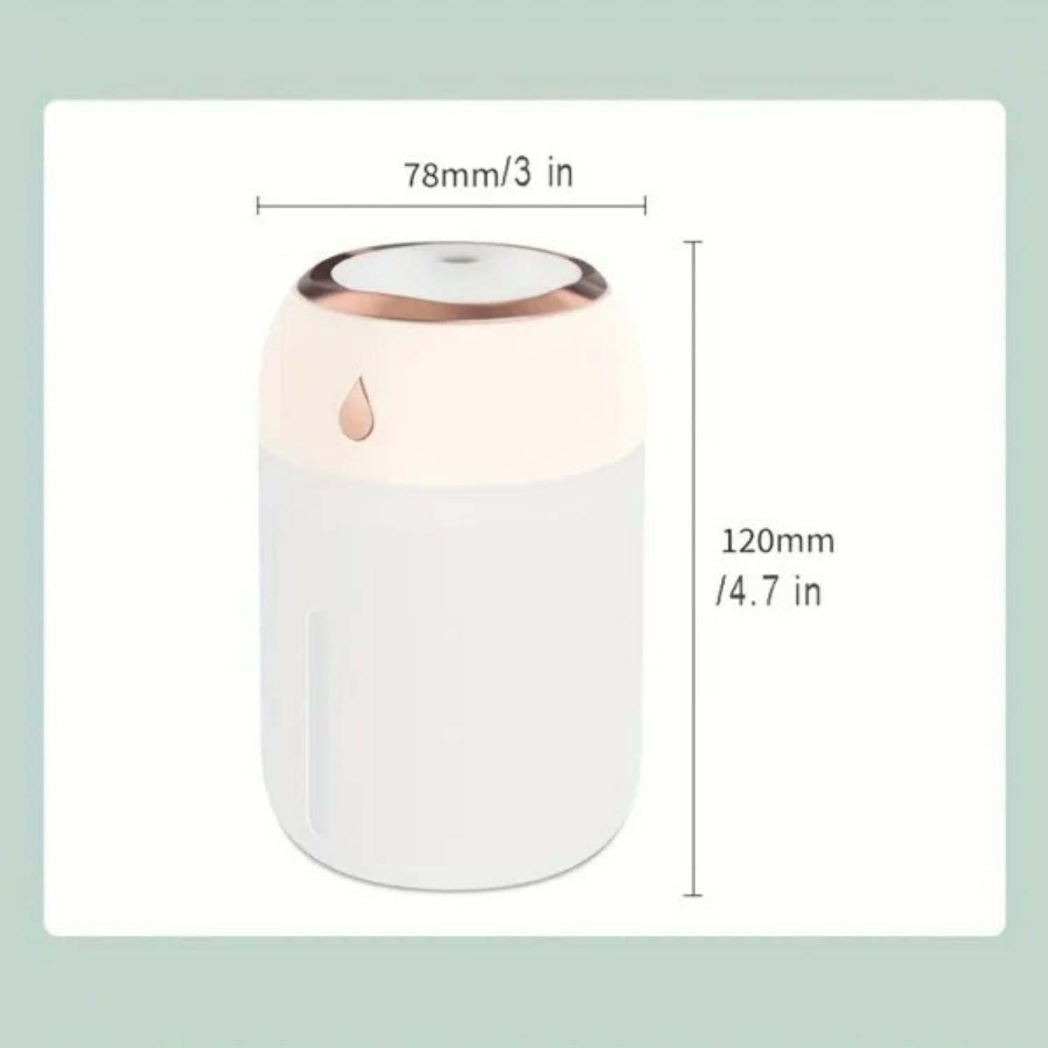 A sleek cylindrical white and rose gold ultrasonic USB desktop humidifier with night light and minimalist design.