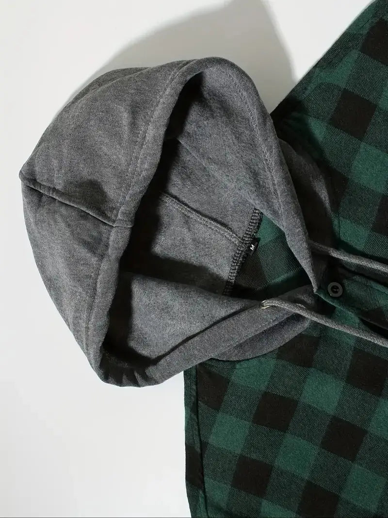 men’s plaid hooded flannel shirt featuring a dark gray sweatshirt layered over a green and black plaid flannel shirt.