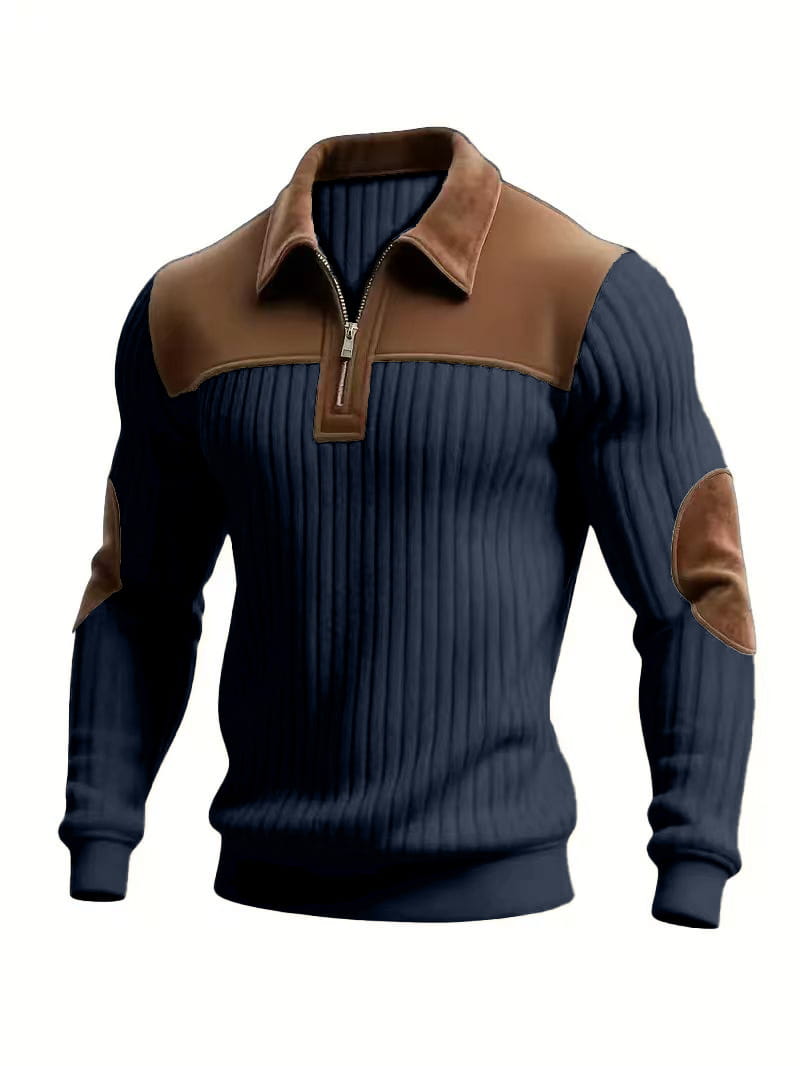 Men’s ribbed patchwork half zip knit sweater in navy blue with brown suede collar shoulder panels and elbow patches.