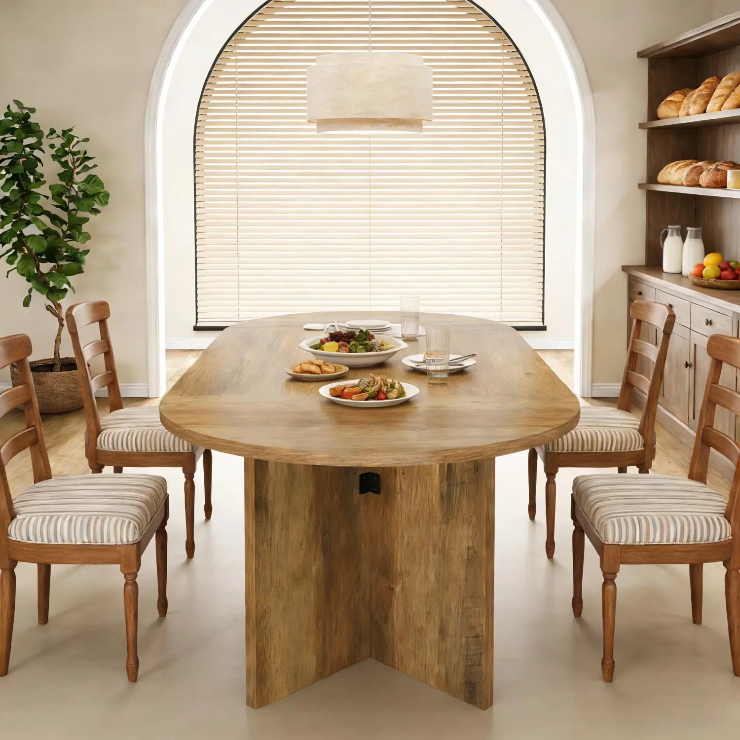 Table à manger ovale en bois brun clair avec une base centrale sur piédestal rustique et des bords arrondis, mesurant 63 pouces.