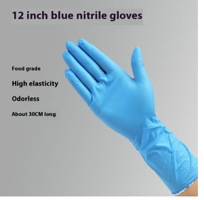 A pair of 12-inch blue nitrile disposable kitchen gloves with high elasticity, odorless, and food grade material from the 100pcs pvc and nitrile gloves set.