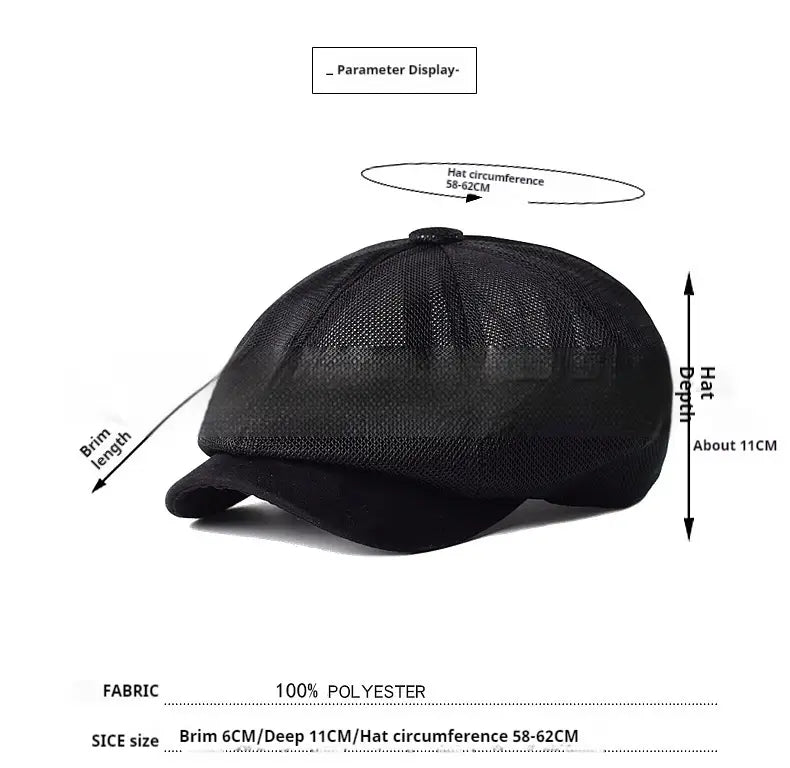Black mesh newsboy cap with structured flat brim and adjustable fit designed for summer breathability for men and women.