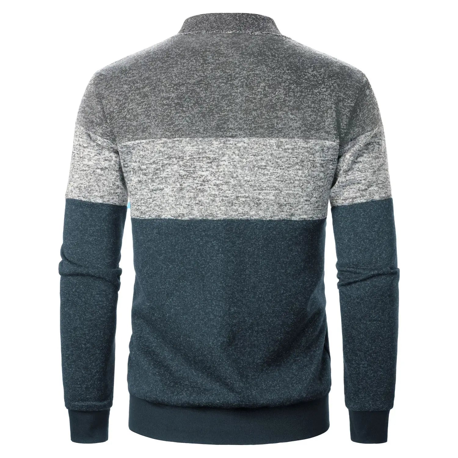 A men’s long-sleeved colorblock knit bomber jacket in a three-tone heathered design of gray white and dark blue.